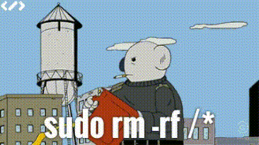 写着 sudo rm -rf 命令的恶搞动图